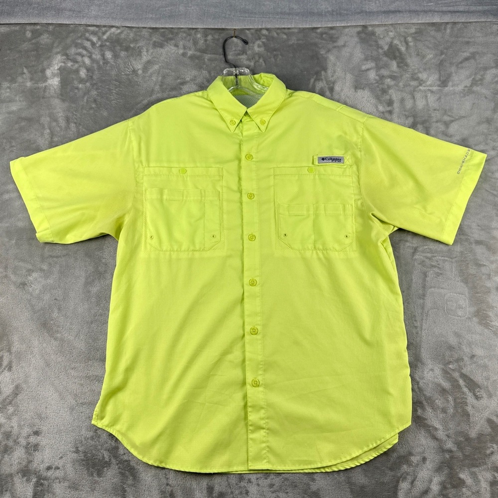 Columbia Shirt Mens L PFG Tamiami II Neon Yellow Short Sleeve Button-down EUC